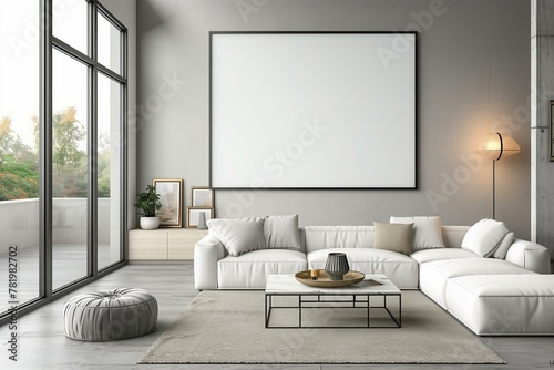 mockup design modern living room with blank poster on the wall in black frame, neutral colors, minimalist