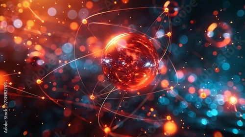 Atom, the smallest constituent unit of ordinary matter that has the properties of a chemical element. atom icon, neon chemistry, digital learning era background photo