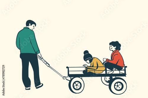 Fatheer pulling children wagon, children playing wagon with their father, father's concept vector line drawing © Rís Visual Studio
