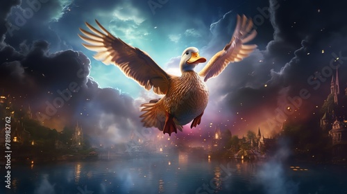 Bring to life a digital photorealistic rendering showcasing a magical duck floating gracefully in the sky above a mystical world filled with intricate details, futuristic elements, and a touch of clas photo