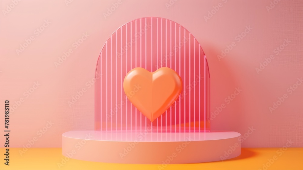 Heart-shaped display podium with striped glass partition on pink wall and light yellow floor