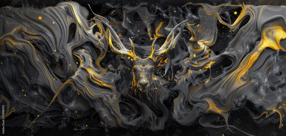 Mystical Stag in Golden Fluid Art.
