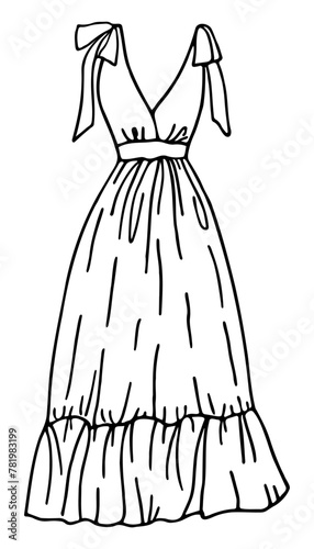 Sketch of a woman's dress. Hand drawn vector illustration. Black outline drawing isolated on white background