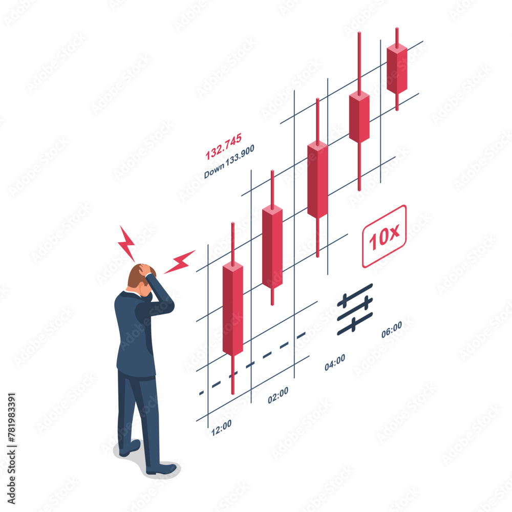 Falling market. The trading broker is horrified at the falling market. Walking stock exchange. Fall graphics. Vector illustration isometric design. Isolated on white background. Falling market. The trading broker is horrified at the falling market. Walking stock exchange. Fall graphics. Vector illustration isometric design. Isolated on white background.