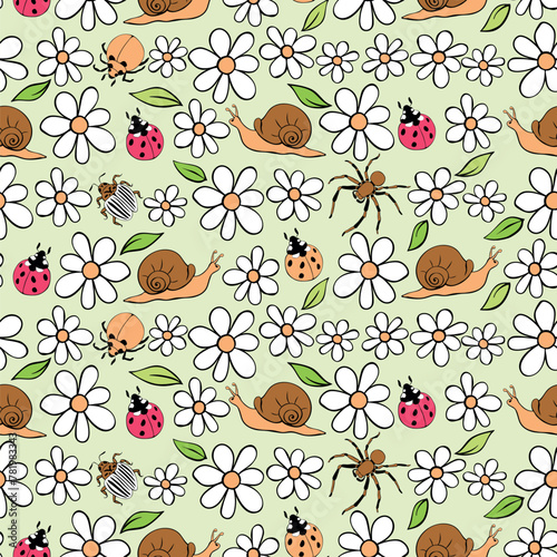 Seamless childish pattern with cute flowers, ladybugs, snails, insects. Vector illustration. Use for textile, print, kids surface design
