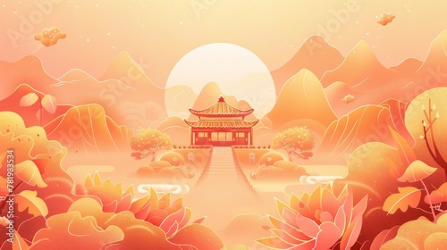 Featuring the Chinese traditional dragon boat festival poster with an illustrated giant zongzi, misty clouds, mountains, trees, drum, and glitter background. Text: Happy Duanwu holiday! photo