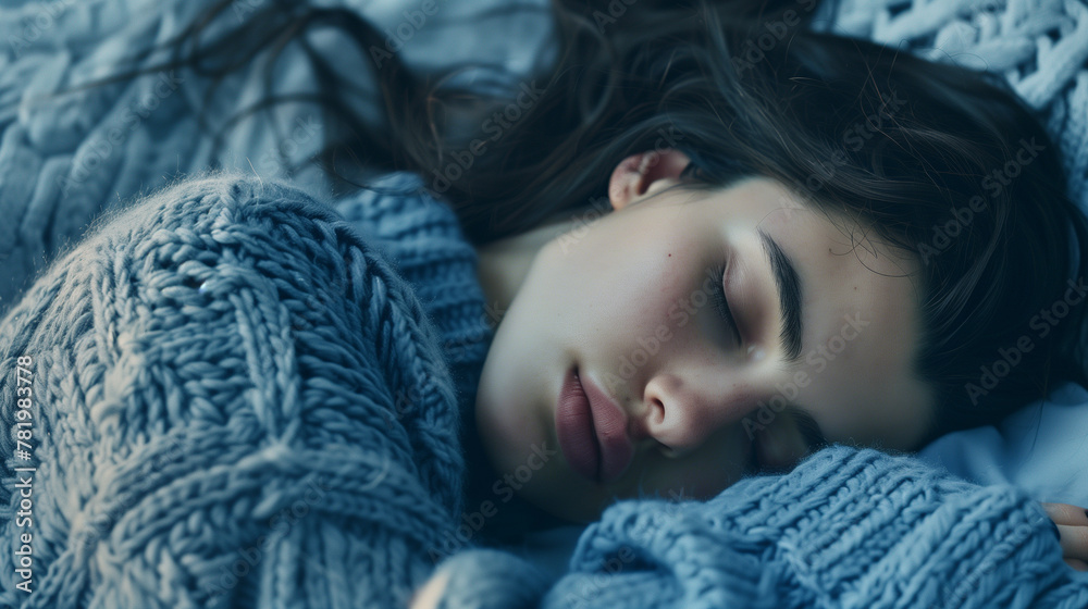 Serene Young Woman Sleeping Peacefully with Blue Knit Sweater Serene Young Woman Sleeping Peacefully with Blue Knit Sweater