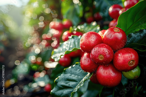 A close-up of a coffee cherry growing on a tree, showing its deep red color and smooth, shiny skin