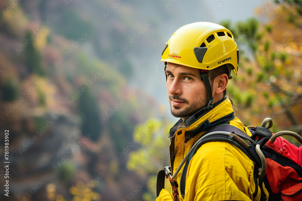 young man in orange uniform with helmet and climbing equipment is hanging on the wall, natural background young man in orange uniform with helmet and climbing equipment is hanging on the wall, natural background