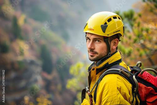 young man in orange uniform with helmet and climbing equipment is hanging on the wall, natural background