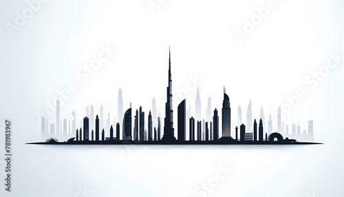 Silhouette of Dubai skyline UAE. Black skyscrapers on white background.