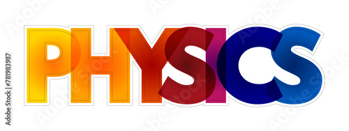 Physics is the natural science of matter, involving the study of matter, its fundamental constituents, colourful text concept background