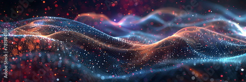 This computer generated image showcases a science fiction background with curved lines creating a wave-like formation of sparkling particles.