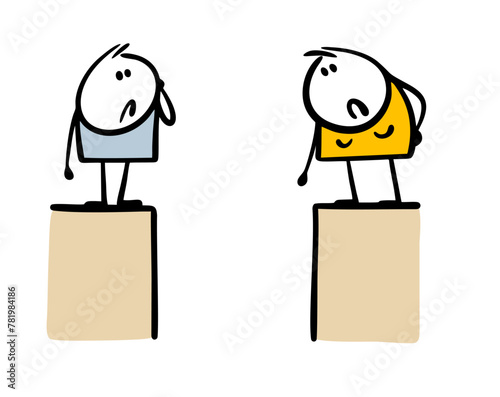 Couple of lovers stand on the banks of a ravine and suffer. Vector illustration of  gap between  man and  woman. Overcome the obstacle and be together.Isolated cartoon character on white background.
