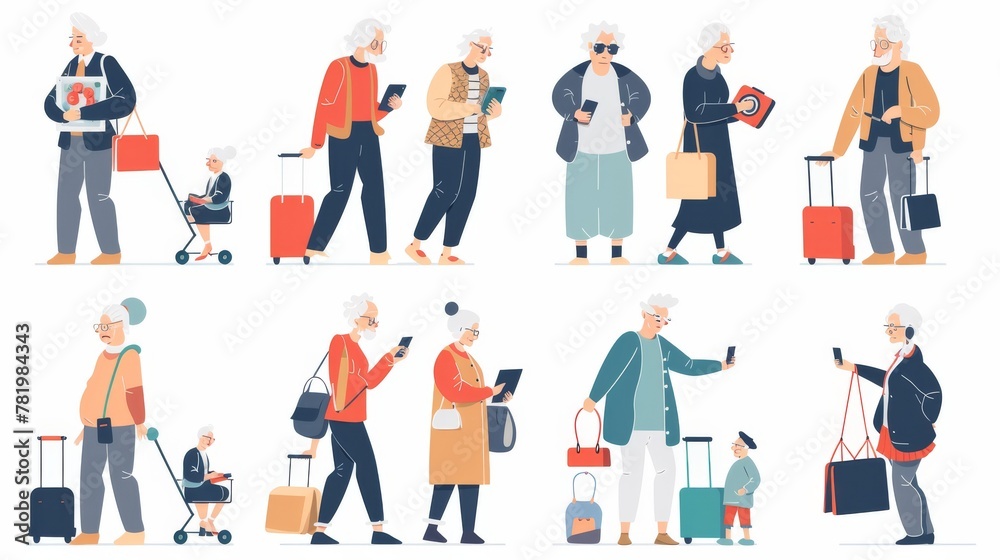 The set of flat style senior people elements includes scenes of seniors using electronic devices to shop, get deliveries, seek medical attention, communicate with families, and take online classes.