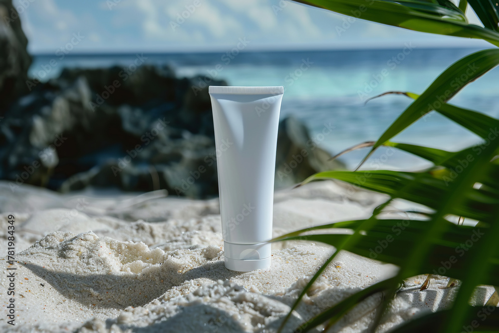 sun protective cosmetic, cream tub, on blue sea and sand background, product design, beauty, side view, mockup sun protective cosmetic, cream tub, on blue sea and sand background, product design, beauty, side view, mockup