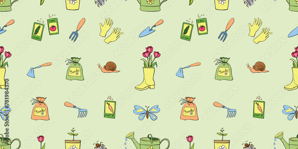Vector seamless pattern of gardening tools for planting plants, spring flowers and garden insects. Bright cute texture in doodle flat style on topic of gardening, farming