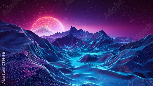 Digital Terrain Cyberspace in the Mountains with futuristic technology 3D landscape.