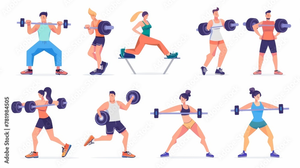 People training with dumbbells at home or taking online fitness courses in a flat style. People training with dumbbells at home or taking online fitness courses in a flat style.