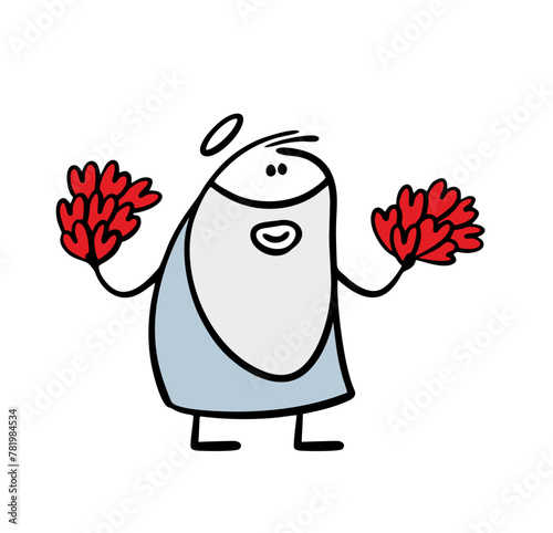 God with a beard and a halo holds many hearts. Vector religious illustration, heavenly father gives love. Isolated hand drawn doodle character on white background.