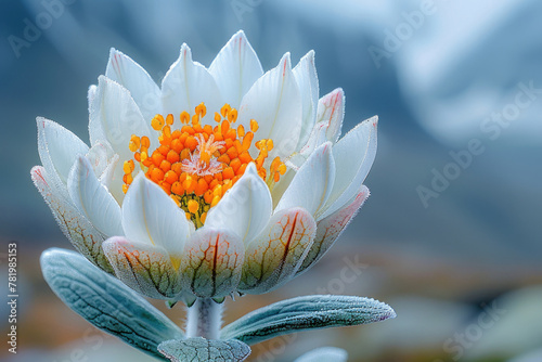 An edelweiss flower in full bloom  showing its delicate petals and fuzzy white hairs