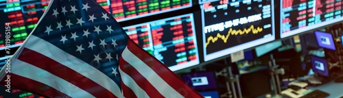 The USA flag overlooks the stock market, where trading strategies and financial analysis converge photo