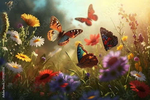 Butterflies fly over field colorful flowers on a sunny day, wallpaper. AI generated.