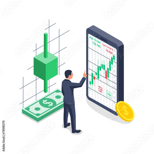Tradings concept. Successful businessman trades on the stock exchange through an application on a smartphone. Financial trading graph. Vector illustration isometric design.