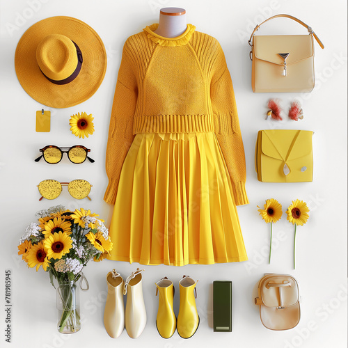 Yellow women outfit flat lay with skirt and pullover, shoes and jewelry, sun hat, bags and sunflowers at white background. Top view
