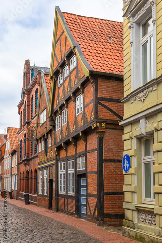 Ornate facades of half-timbered house at Stade, Germany