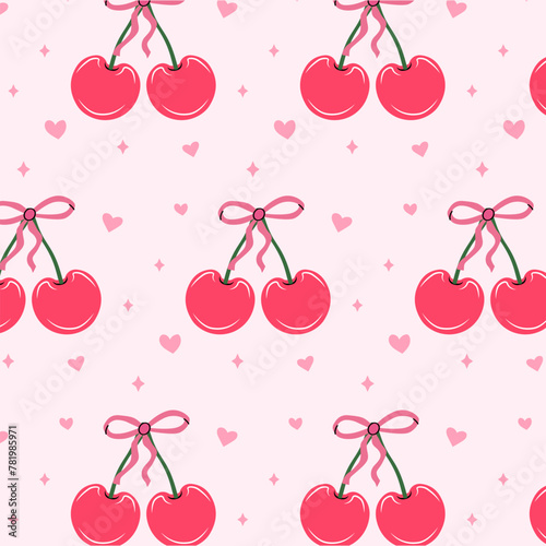 Seamless pattern of pink cherries and bows. Gift ribbons in hand drawn styles. Coquette core cute trendy design. Design for wrapping paper, packaging, background, fabric, textile, home decor, gifts