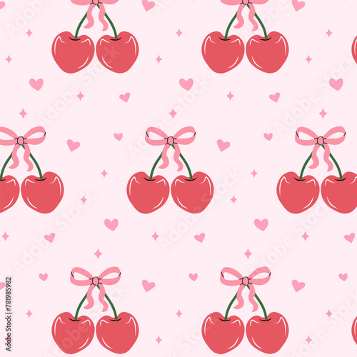 Seamless pattern of pink cherries and bows. Gift ribbons in hand drawn styles. Coquette core cute trendy design. Design for wrapping paper, packaging, background, fabric, textile, home decor, gifts