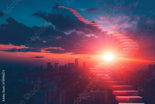 Cityscape at sunset with a digital, glitch-like stairway effect ascending from the sun
