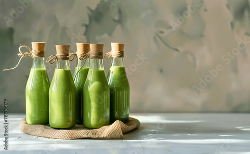 Bottles with green smoothie on kitchen table with sunshine. Healthy lifestyle and eating