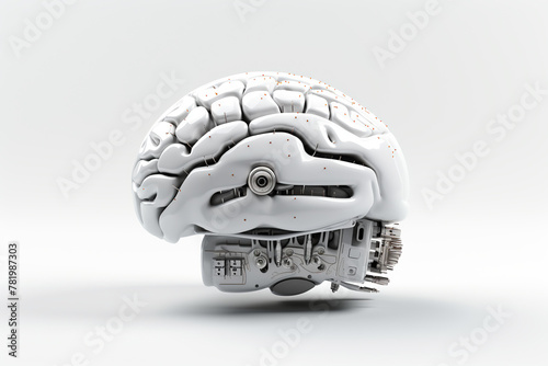 white robot brain with wires and mechanical parts on white and gray