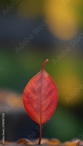 vibrant green leaf with red edges, bathed in sunlight. The intricate vein patterns are clearly visible, highlighting the leaf’s delicate structure against a softly blurred multicolored background