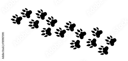 There are many traces of silhouettes of black paws of a wild leopard-dog. Vector illustration