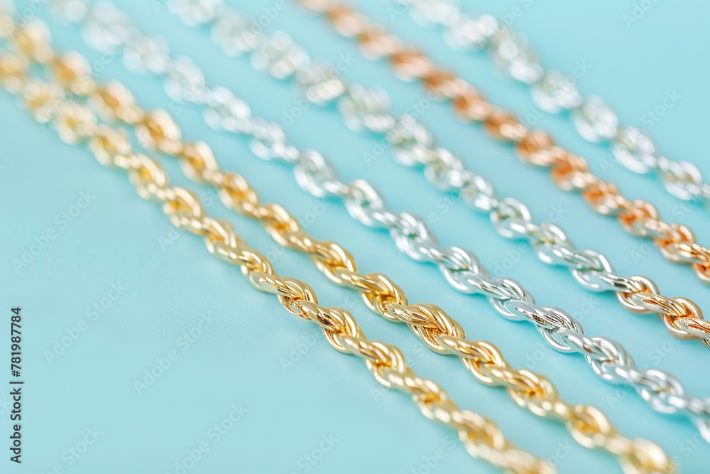 Closeup of a braided metallic chain in three different colors, golden, silver and white, on blue Closeup of a braided metallic chain in three different colors, golden, silver and white, on blue