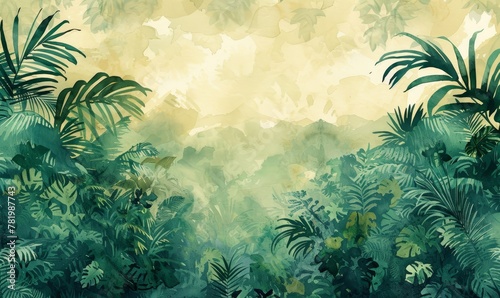 Watercolor wallpaper pattern. Jungle landscape in retro wallpaper style  Generative AI
