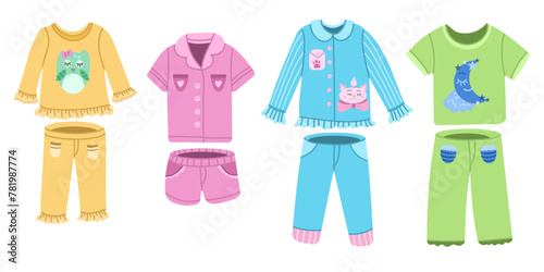 A set of sleeping sets and clothes. Colored children's or teenage colored clothing