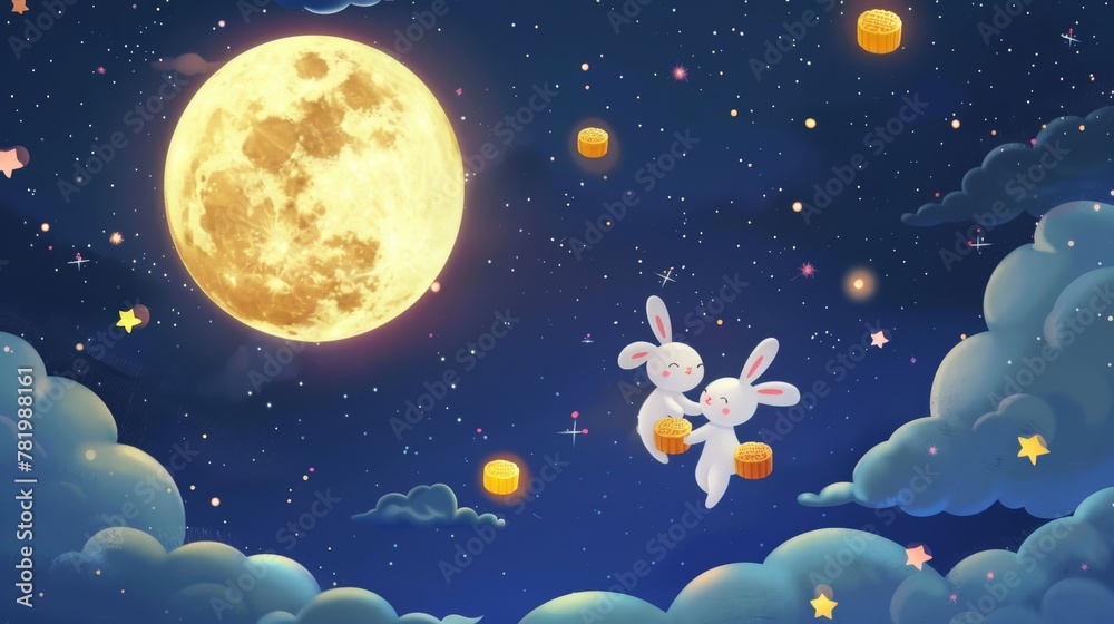 The poster depicts bunny astronauts floating in a starry night sky with a full moon. It reads: Mid Autumn Holiday. August 15th.