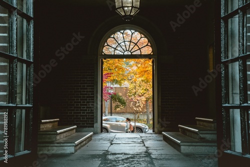 View of a street in autumn through open arched door.