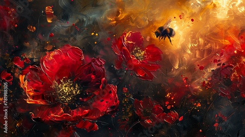 Palette knife abstract of a bee amidst flowers, in red, black, gold, and yellow, on a dynamic, naturethemed background with intense lighting and vivid highlights