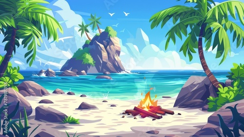 There is a lost island in the ocean with a castaway trying to get help. Modern cartoon seascape with palm trees  rocks  and a sandy beach with a bonfire.