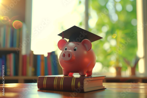 Scholarship with piggy bank and graduation cap on a book on the table close-up with space for text or inscriptions
