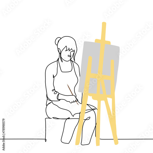 female artist sits at an easel with a brush in her hand, peering at the canvas in front of her - one line art vector. concept of thoughtfulness in the process of painting a picture