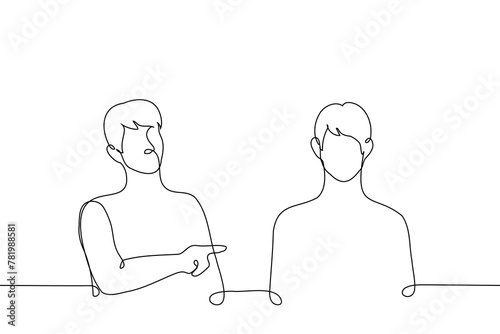 man pointing finger at another man - one line art vector. concept of singling someone out, favorite, shifting blame