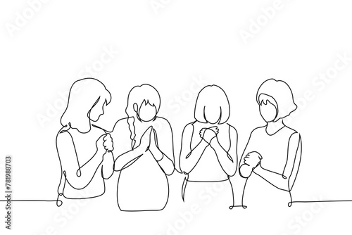 group of four women stand side by side with their palms folded - one line art vector. Hand-drawn sketch illustration. concept of prayer, saying mantra