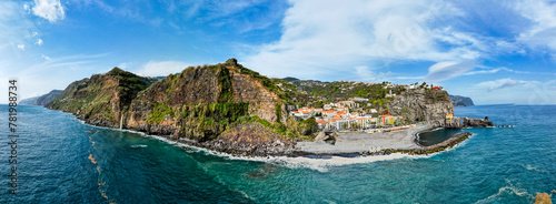 Ponta do Sol in Madeira Island, Portugal. Aerial drone view at cityscape of coastal town and beach © marcin jucha