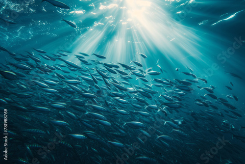 Fish or lots of tuna swimming underwater with sun rays, underwater view 